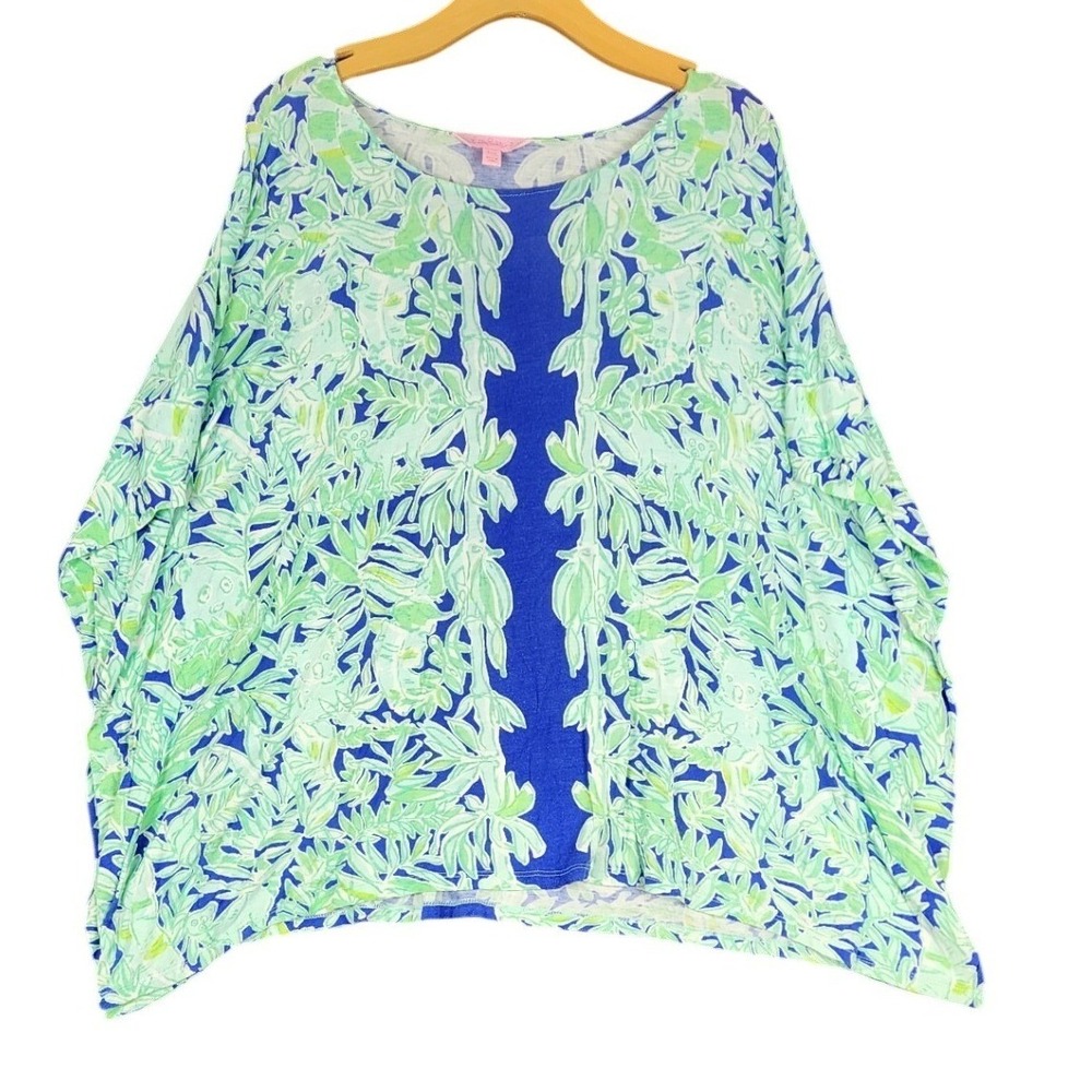 Lilly Pulitzer Women Blue Green Tropical Bamboo Print Poncho Top Rayon S/M‎